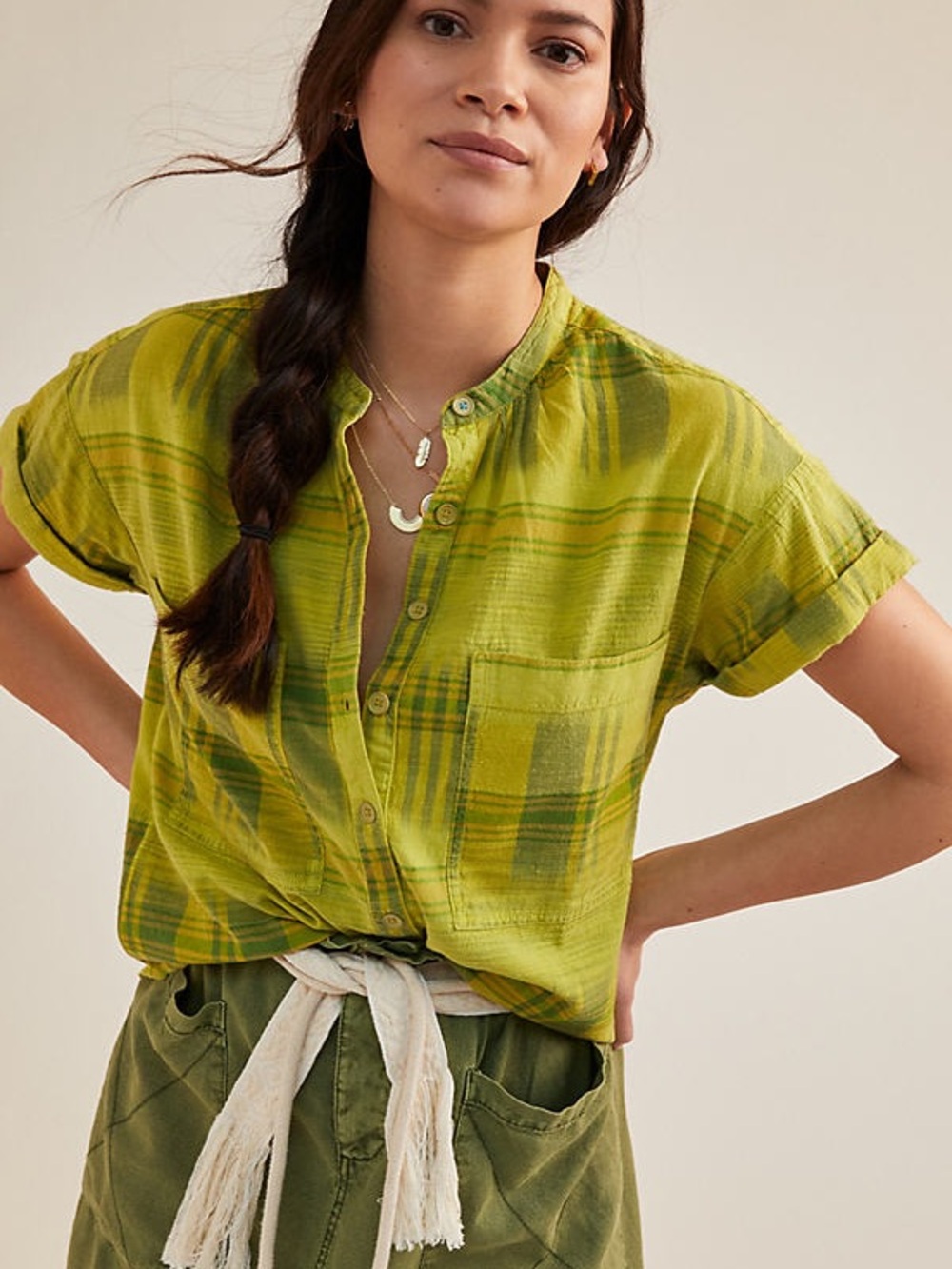 PILCRO Anthropologie Hannah Surf Plaid Popover Woven Top